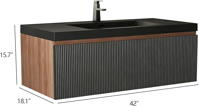 42 Inch Floating Bathroom Vanity with Sink, Wall Mounted Striped Storage Cabinet, Soft Close Drawer, Black Quartz Sand Basin, Fully Assembled, Smoked Walnut Finish