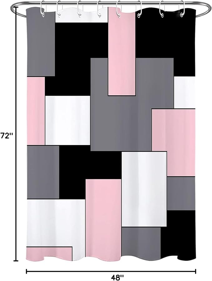 HVEST Modern Pink Shower Curtain with Hooks, Grey Black and White Abstract Geometric Shower Curtain for Bathroom, Mid Century Minimalist Shower Curtain Set Bathroom Decor Curtains, 48x72 inch