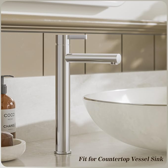 Chrome 1 Hole Tall Bathroom Vessel Sink Faucet, Single Hole Single Handle High Bathroom Faucet, with Pop Up Drain and Water Supply Line,FH01-C-V