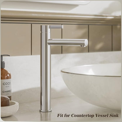 Chrome 1 Hole Tall Bathroom Vessel Sink Faucet, Single Hole Single Handle High Bathroom Faucet, with Pop Up Drain and Water Supply Line,FH01-C-V