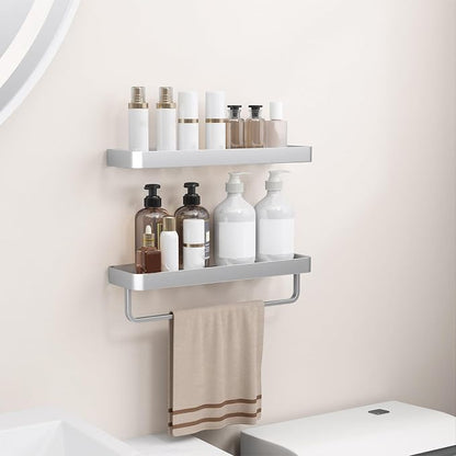 16-Inch Silver Floating Bathroom Shelves with Towel Bar, Clear Tempered Glass Wall Shelf 2-Pack – Versatile Bathroom Organizer Set