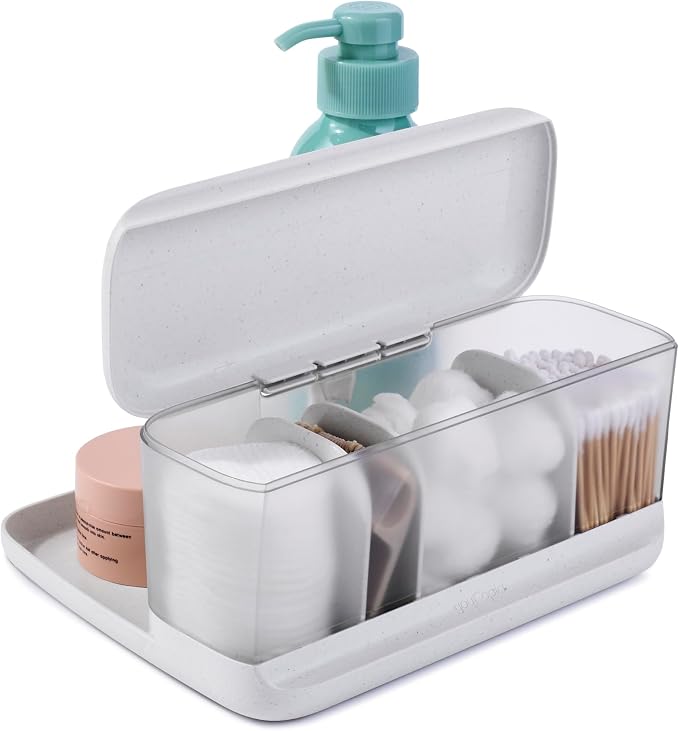YouCopia HideAway Counter Caddy, Bathroom Vanity Countertop Organizer Tray with Adjustable Dividers and Lid