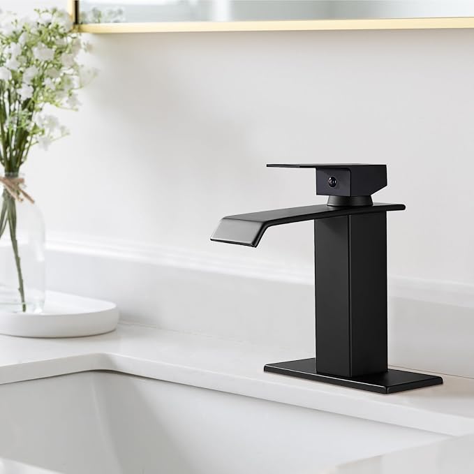 Midanya Waterfall Bathroom Sink Faucet 1 Hole,Matte Black | with cUPC Hoses,Pop Up Drain,Deck Plate,for 1 or 3 hole sink,Vanity,RV,Lavatory,Basin,Farmhouse,Stainless Steel,Single Handle