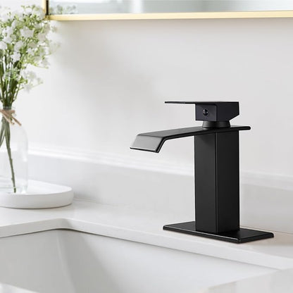Midanya Waterfall Bathroom Sink Faucet 1 Hole,Matte Black | with cUPC Hoses,Pop Up Drain,Deck Plate,for 1 or 3 hole sink,Vanity,RV,Lavatory,Basin,Farmhouse,Stainless Steel,Single Handle