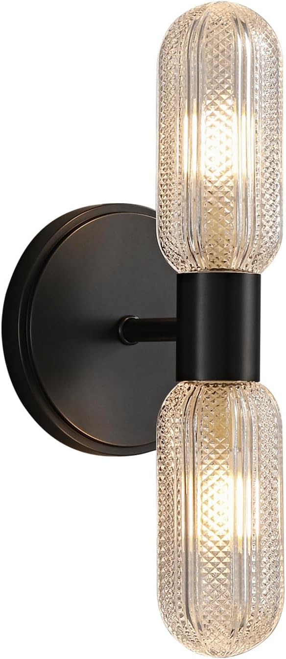Matte Black Wall Sconces,12.3in 2-Light Knurled Glass Sconces Wall Lighting | Bathroom Brass Material Sconce, Wall Lights for Living Room Vanity Hallway Mirror,Entrance,Corridor，Hardwired, bulb included