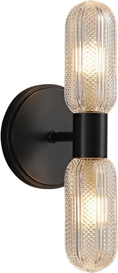 Matte Black Wall Sconces,12.3in 2-Light Knurled Glass Sconces Wall Lighting | Bathroom Brass Material Sconce, Wall Lights for Living Room Vanity Hallway Mirror,Entrance,Corridor，Hardwired, bulb included