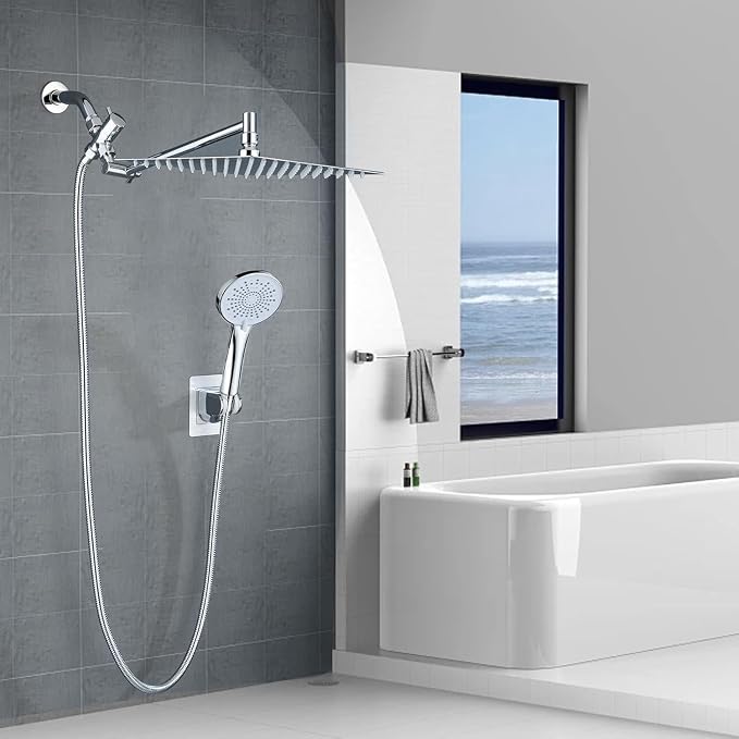Peicuai Shower Head Combo, 10 Inch High Pressure Rain Shower Head with 11 Inch Adjustable Extension Arm, 5-Setting Handheld Shower with Long Hose, Powerful Spray for Low Water Pressure