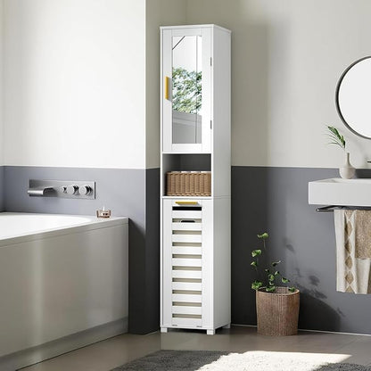 VECELO Tall Bathroom Storage Cabinet with Mirror and Hidden Basket, Freestanding Slim Organizer with Adjustable Shelves and Shutter Door, for Laundry Room Bathroom, White
