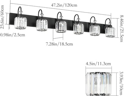 Ralbay Modern 6-Light Black Crystal Vanity Lights for Bathroom - Matte Black Crystal Wall Light Fixtures