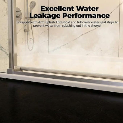 Frameless Sliding Shower Door, Adjustable 56"-60" W x 76" H with 1/4" SGCC Tempered Clear Glass & Easy-to-Clean Coating, Silver Stainless Steel Round Rail, One Fixed One Sliding