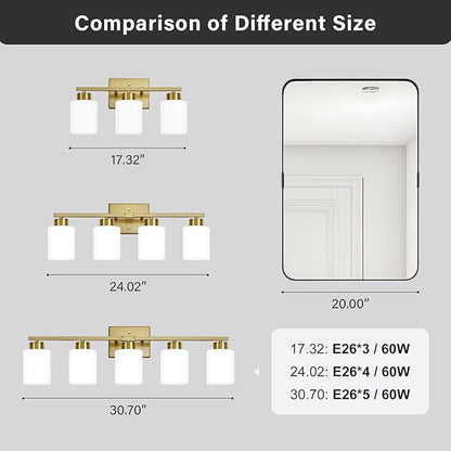 Brushed Gold Bathroom Light Fixtures, 3-Light Modern Vanity Light Over Mirror, Wall Sconces with Milky White Frosted Glass Shades, E26 Socket (Bulbs Not Included)