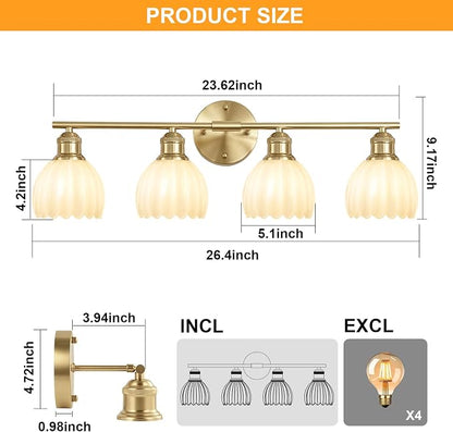 Bathroom Light Fixtures, 4-Light Brushed Gold Vanity Lights for Bathroom with White Tulip Glass Shade, 26" Vintage Bathroom Vanity Lighting Fixtures Over Mirror for Bedroom Living Room Hallway