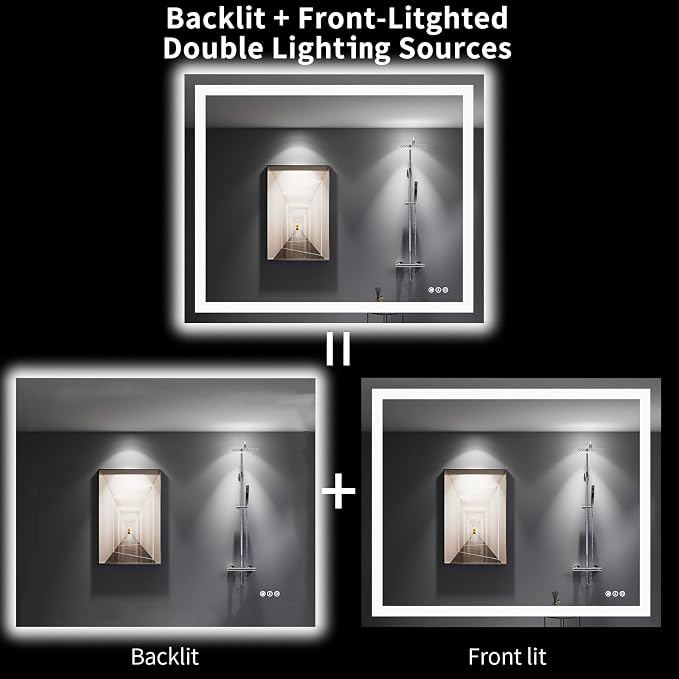 LOAAO 48"X40" LED Bathroom Mirror with Lights, UL Listed | Anti-Fog, Dimmable, 3 Color Temperature, Backlit + Front Lit, Memory Function, Tempered Glass