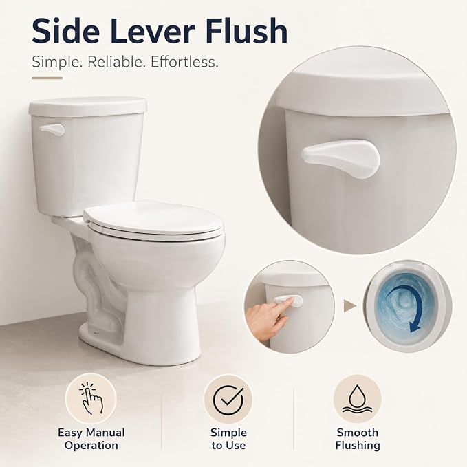16.3" ADA Height Elongated Two Piece Toilet, Modern White Ceramic Bathroom Toilet with Side Push Handle, Locking PP Lid, 1.28 GPF Water Efficient Flush, cUPC Certified