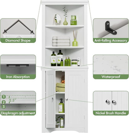 YESHOMY Corner Cabinet, Storage Cupboard with Doors, White | Tall Storage Cabinet with Adjustable Shelves, for Living Room, Bathroom, Kitchen