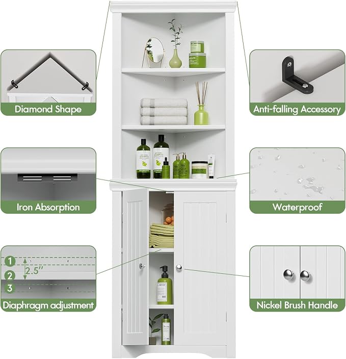 YESHOMY Corner Cabinet, Storage Cupboard with Doors | Tall Storage Cabinet with Adjustable Shelves, for Living Room, Bathroom, Kitchen, Warm White