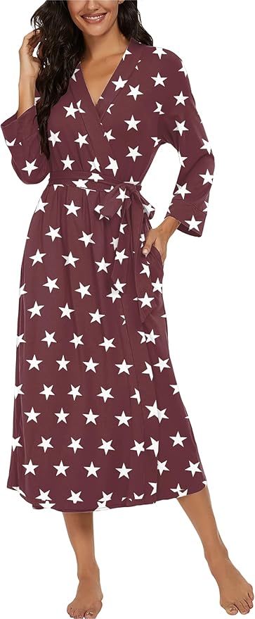 VINTATRE Women Kimono Robes Long Knit Bathrobe Lightweight Soft Knit Sleepwear V-neck Casual Ladies Loungewear