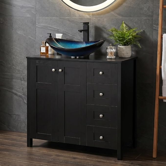 32'' Bathroom Vanity with Sink, Modern Bathroom Cabinet, Black | 2 Soft-Close Cabinet Doors, 4 Drawers, 2-Tier Inner Shelf, Freestanding Large Storage Cabinet, Blue Boat Glass Sink