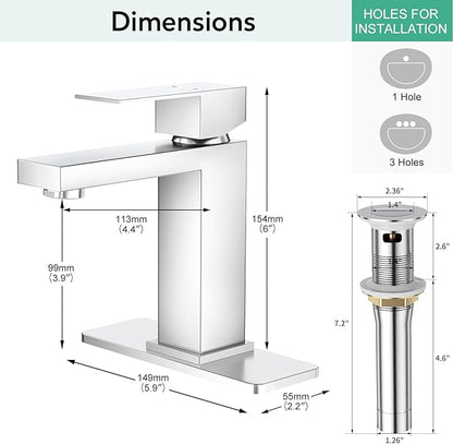 Faustina Polished Chrome Bathroom Faucet, Single Handle Stainless Steel Bathroom Vanity Faucet with Metal Pop-Up Drain and Deck Plate for 1 or 3 Hole