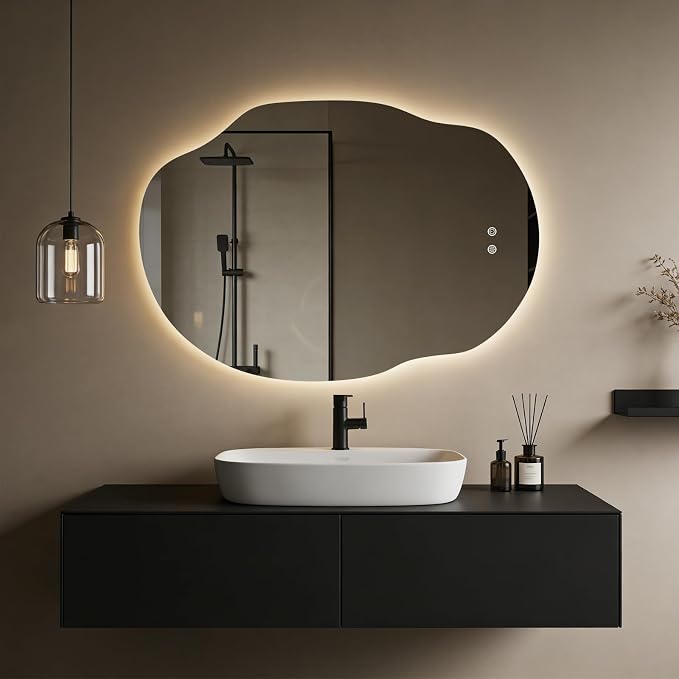 Backlit LED Bathroom Vanity Mirror with Lights, Irregular Asymmetrical Design,45" H x 32" W, Anti-Fog, Dimmable 3 Color Lighting, Memory, Hardwired Mount, Supports Horizontal & Vertical