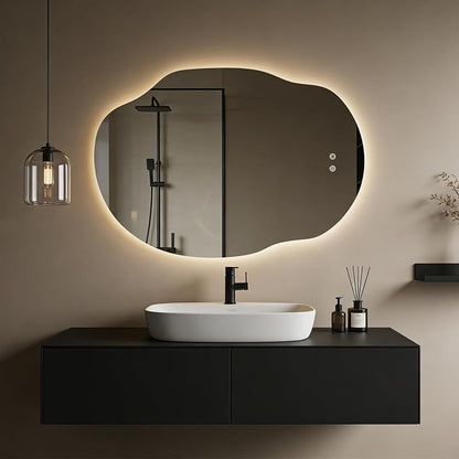 Backlit LED Bathroom Vanity Mirror with Lights, Irregular Asymmetrical Design,45" H x 32" W, Anti-Fog, Dimmable 3 Color Lighting, Memory, Hardwired Mount, Supports Horizontal & Vertical