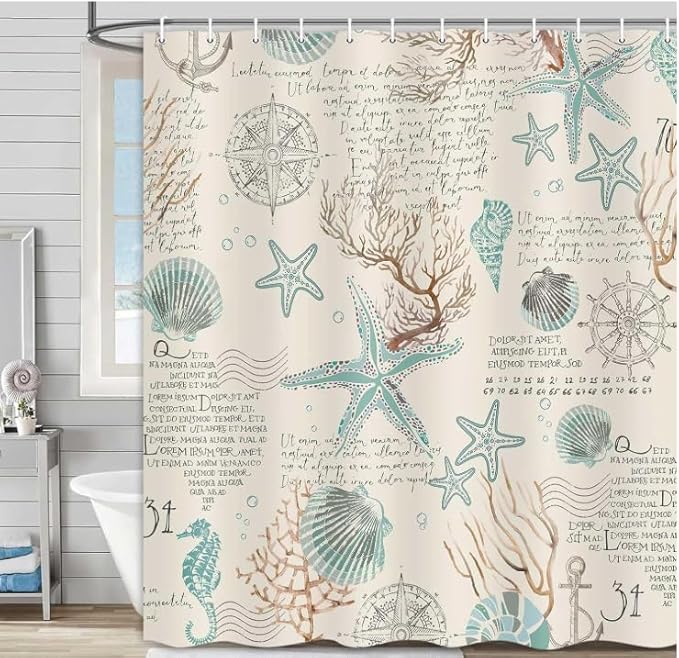 Nautical Coastal Beach Shower Curtain, Coral Starfish Seashell Ocean Bathroom Curtains, Fun Kids Bathroom Shower Curtain with Hooks Set 36X72inch.