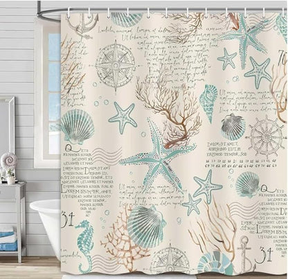 Nautical Coastal Beach Shower Curtain, Coral Starfish Seashell Ocean Bathroom Curtains, Fun Kids Bathroom Shower Curtain with Hooks Set 48X72inch.
