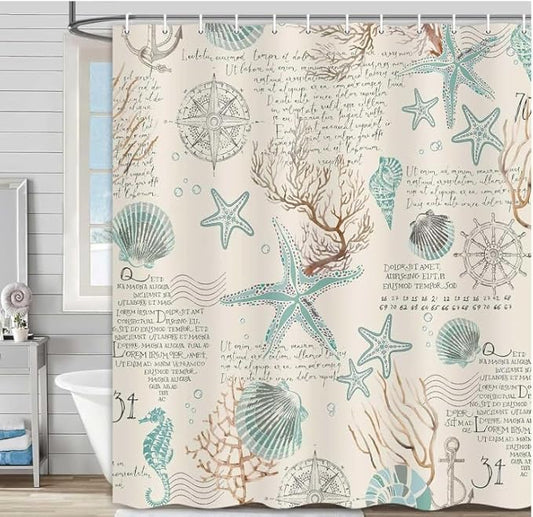 Nautical Coastal Beach Shower Curtain, Coral Starfish Seashell Ocean Bathroom Curtains, Fun Kids Bathroom Shower Curtain with Hooks Set 60X72inch.