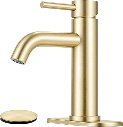 Bathroom Faucet, Single Handle Vanity Sink Faucet, Brushed Gold | Brushed Gold, for 1/3-Hole, Stainless Steel, Ceramic Cartridge, Pop-Up Drain, Deck Plate, For Vanity Powder Laundry