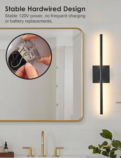 20.4 Inch Hardwired Wall Sconces Set of Two, 3000K Warm White Dimmable Modern Wall Sconces, 350° Rotate LED Light Fixtures Wall Lamp for Bathroom Living Room Bedroom Bedside, Black