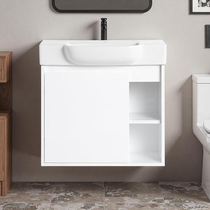 24" Bathroom Vanity with Ceramic Sink, Farmhouse Cabinet, White | Ceramic Sink, Soft-Close Door, Interior Compartment and 2-Tier Open Side Shelves, 45° Inclined Edge Handle