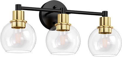 3 Light Bathroom Light Fixtures, Black and Gold Bathroom Vanity Lights, Modern Vanity Lights 3-Light Globe Bathroom Vanity Lighting Fixture Over Mirror