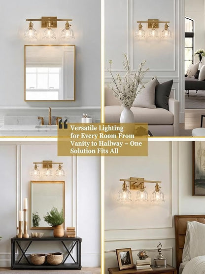 3-Light Vintage Bathroom Vanity Light, 19.4" Brass Hardwired Wall Sconce with Amber Tulip Glass Shades, Brushed Gold Vanity Light for Mirror, Restroom, Bedroom (Clear, 3-Light)