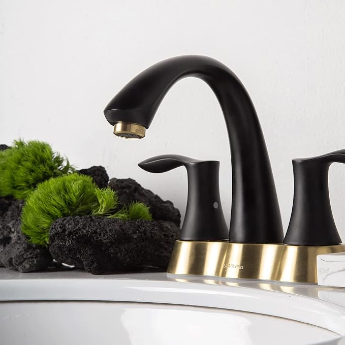 Black and Gold Bathroom Faucet, Lava Odoro 2 Handle 4 Inch Centerset Bathroom Sink Faucet Vanity Faucet with Pop up Drain Assembly Supply Line, BF423-BG