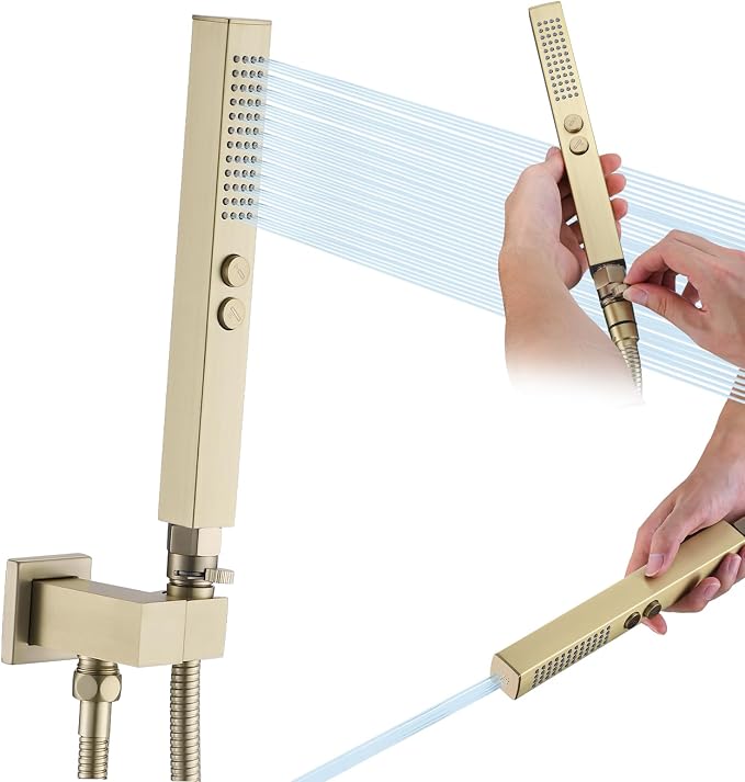 All-Metal High Pressure Square Handheld Shower Head with Jet Spray and Rainfall Modes, Volume Control Regulator, ON/OFF Switch, Hose and Wall Mounted Adjustable Bracket (Brushed Gold)