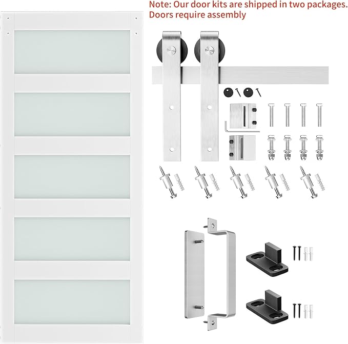 SMARTSTANDARD 36 x 84 in Glass Barn Door with 6.6FT Silver Sliding Hardware | Brushed Nickel Sliding Hardware Kit & Handle, Pre-Drilled Ready to Assemble, Waterproof PVC Coating, White, 5-Panel Glass