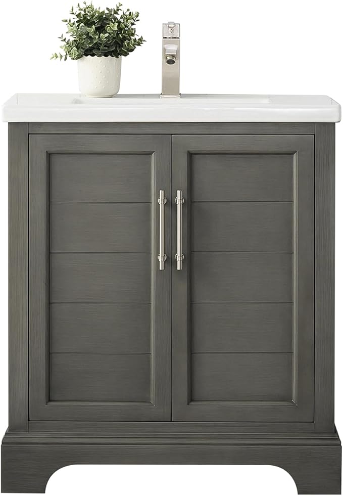 HOMEBEYOND 30 Inch Bathroom Vanity with Single Sink & Ceramic Top, Vanity Cabinet with Center Countertop Basin, Soft-Closing Doors,Sliver Grey