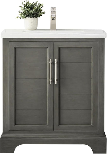 HOMEBEYOND 30 Inch Bathroom Vanity with Single Sink & Ceramic Top, Vanity Cabinet with Center Countertop Basin, Soft-Closing Doors,Sliver Grey