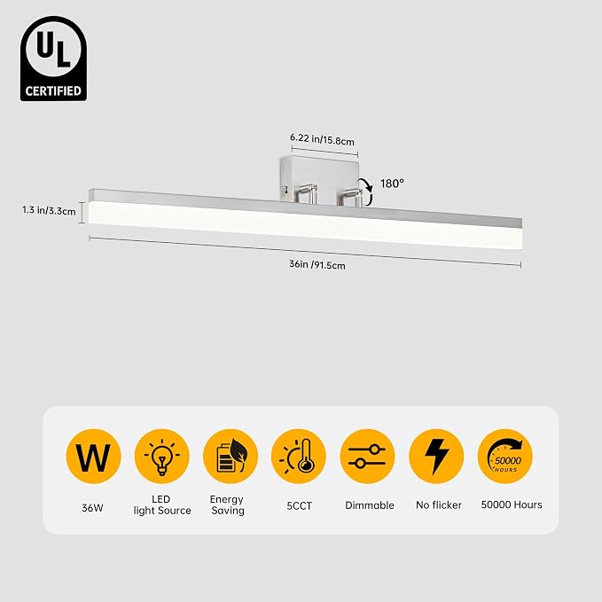 36 inch Bathroom Vanity Light, 5CCT LED Modern Bathroom Light Fixtures Over Mirror, Dimmable 36W 2700K-5000K Vanity Lighting Fixture, Brushed Nickel Adjustable Vanity Light Bar-UL Certified