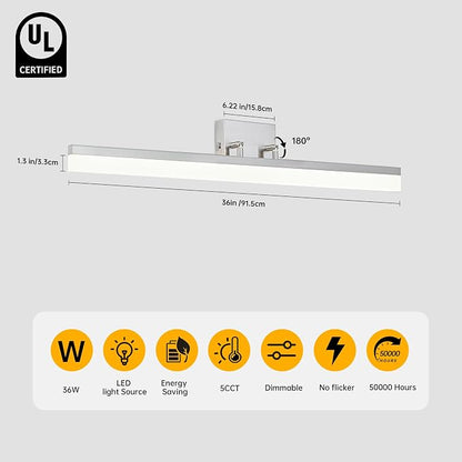 36 inch Bathroom Vanity Light, 5CCT LED Modern Bathroom Light Fixtures Over Mirror, Dimmable 36W 2700K-5000K Vanity Lighting Fixture, Brushed Nickel Adjustable Vanity Light Bar-UL Certified