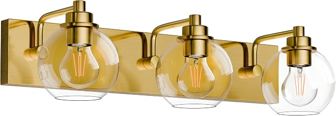 3 Light Bathroom Light Fixtures-Brushed Gold Bathroom Vanity Lights, Modern Vanity Lights 3-Light Bathroom Lighting Fixtures Over Mirror with Clear Glass Globe Shade