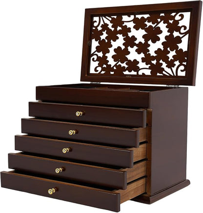 Extra Large Four-Leaf Carved 6 Layers Wooden Jewelry Box Jewelry Case Cabinet Armoire Ring Necklacel Gift Storage Box Organizer (Brown)