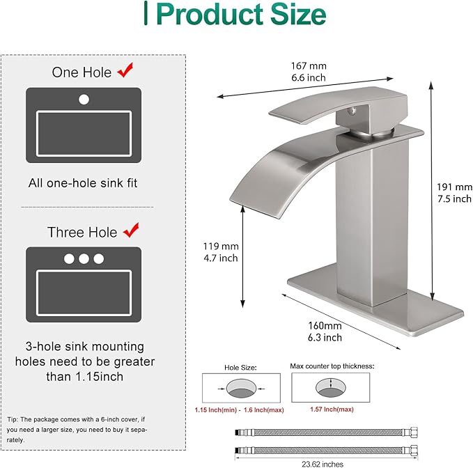 VOTON Bathroom Faucets Brushed Nickel Waterfall Bathroom Sink Faucet Modern Single Handle Bathroom Faucet for 1 or 3 Holes with Deck Plate