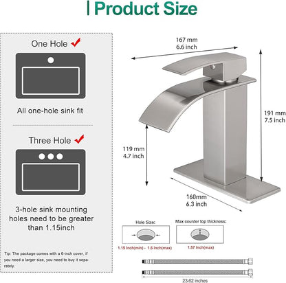 VOTON Bathroom Faucets Brushed Nickel Waterfall Bathroom Sink Faucet Modern Single Handle Bathroom Faucet for 1 or 3 Holes with Deck Plate