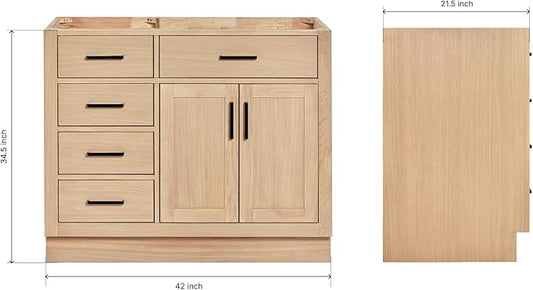 ARIEL Hepburn 42-inch Bathroom Vanity Base Cabinet,Solid Wood, 2 Soft Closing Doors, 5 Dovetail Drawers, White Oak