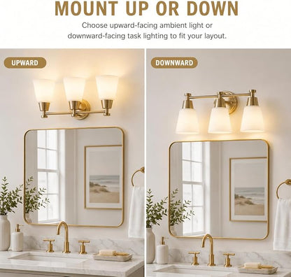 3-Light Bathroom Vanity Light, Gold Finish with Milk Glass Shades, Over Mirror, for Bathroom Vanity
