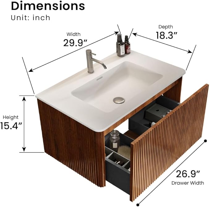 30" Bathroom Vanity with Sink, Modern Floating Vanity with Push Open Soft Close Drawer, Large Storage for Small Space, Walnut, Fully Assembled - Camellia Collection