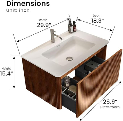 30" Bathroom Vanity with Sink, Modern Floating Vanity with Push Open Soft Close Drawer, Large Storage for Small Space, Walnut, Fully Assembled - Camellia Collection