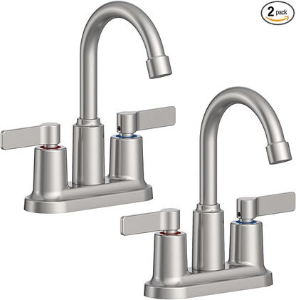 2 Pack Bathroom Faucets for Sink 3 Hole, Evolvegoods 4 Inch Brushed Nickel Bathroom Faucet with Pop Up Drain and 2 Supply Hoses, 2-Handle Centerset Faucet for Sink Vanity RV