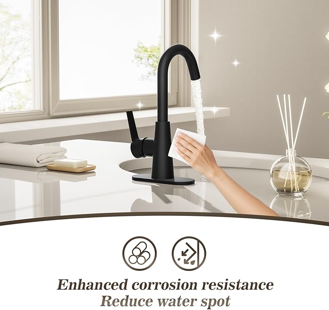 Phiestina Single Hole Matte Black Single-Handle 4 Inch Bathroom Sink Faucet with Deck Plate and Supply Hoses, Bar Sink Faucet/Pre-Kitchen Sink Faucet with 360° Rotation Spout, WE10E-MB